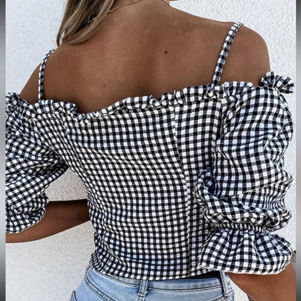 Sweetheart Gingham Button Down Cold Shoulder Blou… - image 2